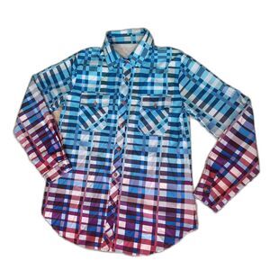 ​WOMENS MEDIUM OMBRE PLAID BUTTON DOWN SHIRT BLUE PURPLE GRADIENT LONG SLEEVE